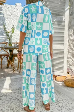 Discount Dear-Lover Shell Print Half Sleeve Shirt and Pants Set Sky Blue
