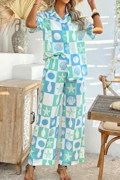 Discount Dear-Lover Shell Print Half Sleeve Shirt and Pants Set Sky Blue