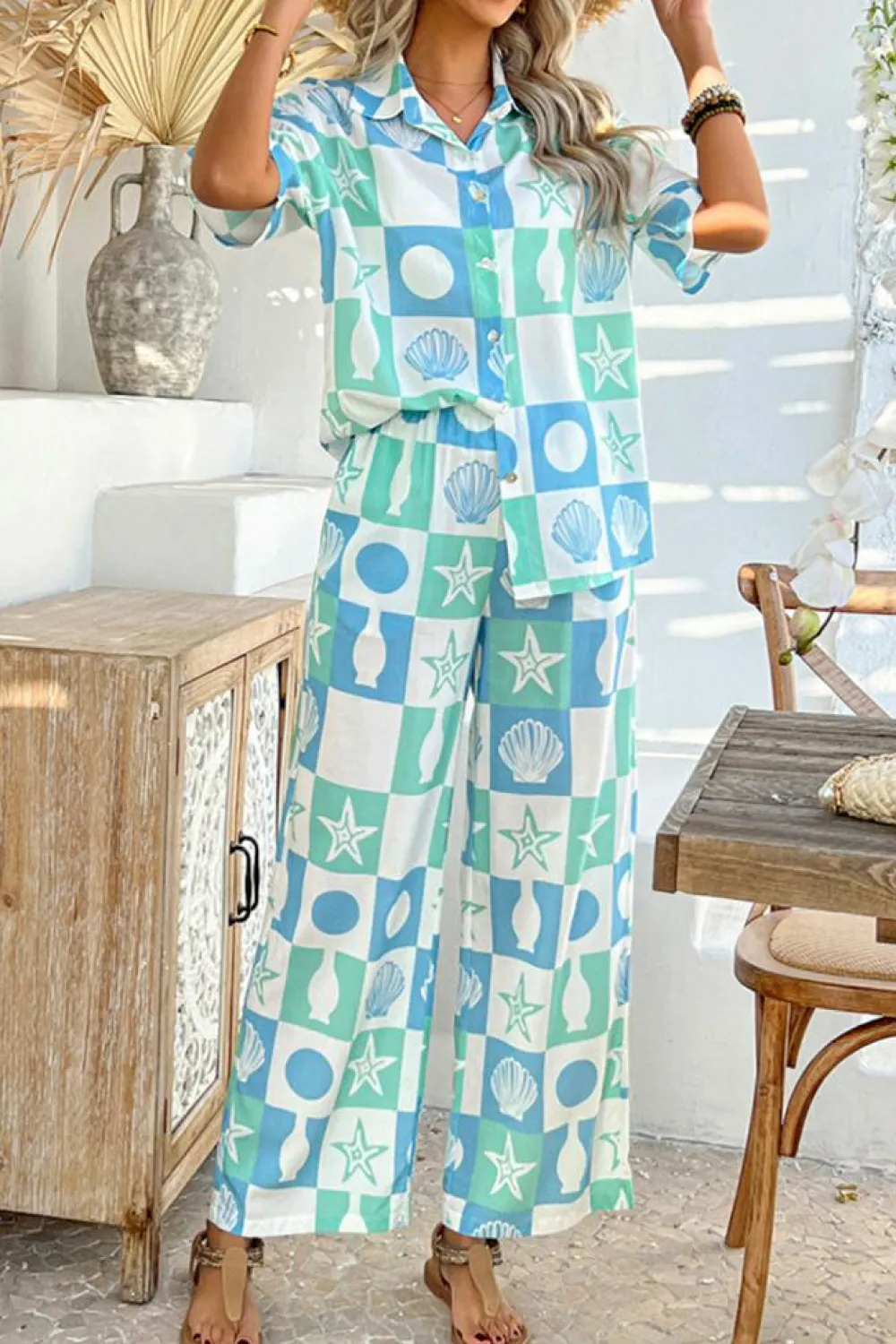 Discount Dear-Lover Shell Print Half Sleeve Shirt and Pants Set Sky Blue