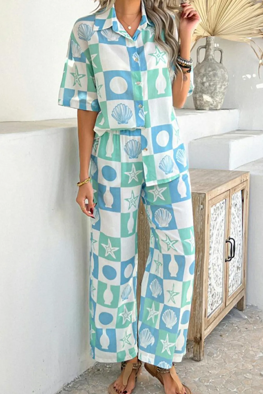 Discount Dear-Lover Shell Print Half Sleeve Shirt and Pants Set Sky Blue