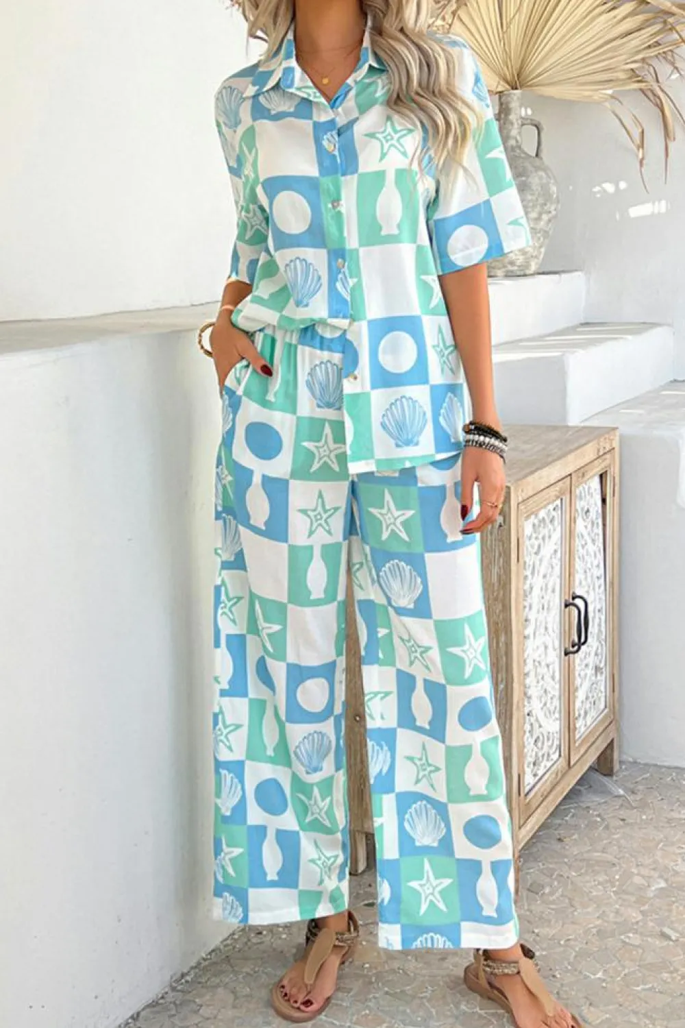Discount Dear-Lover Shell Print Half Sleeve Shirt and Pants Set Sky Blue