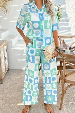 Discount Dear-Lover Shell Print Half Sleeve Shirt and Pants Set Sky Blue