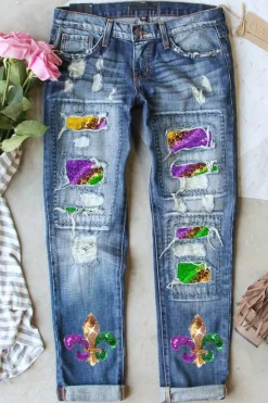 Hot Dear-Lover Shiny Mardi Gras Fleur-de-lis Patch Distressed Jeans Sky Blue
