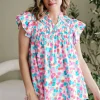 Fashion Dear-Lover Shirred Yoke Ruffled Abstract Printed Blouse Sky Blue