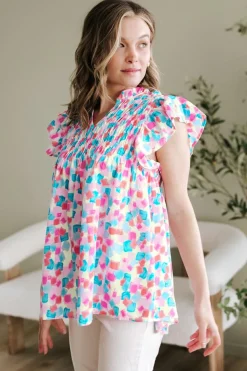 Fashion Dear-Lover Shirred Yoke Ruffled Abstract Printed Blouse Sky Blue