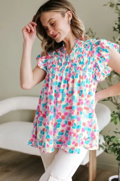 Fashion Dear-Lover Shirred Yoke Ruffled Abstract Printed Blouse Sky Blue