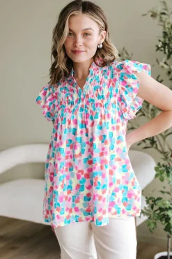 Fashion Dear-Lover Shirred Yoke Ruffled Abstract Printed Blouse Sky Blue