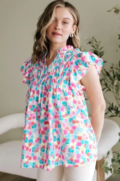 Fashion Dear-Lover Shirred Yoke Ruffled Abstract Printed Blouse Sky Blue