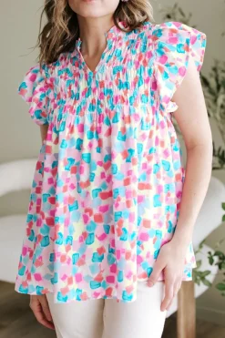 Fashion Dear-Lover Shirred Yoke Ruffled Abstract Printed Blouse Sky Blue