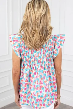 Fashion Dear-Lover Shirred Yoke Ruffled Abstract Printed Blouse Sky Blue