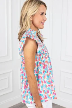 Fashion Dear-Lover Shirred Yoke Ruffled Abstract Printed Blouse Sky Blue