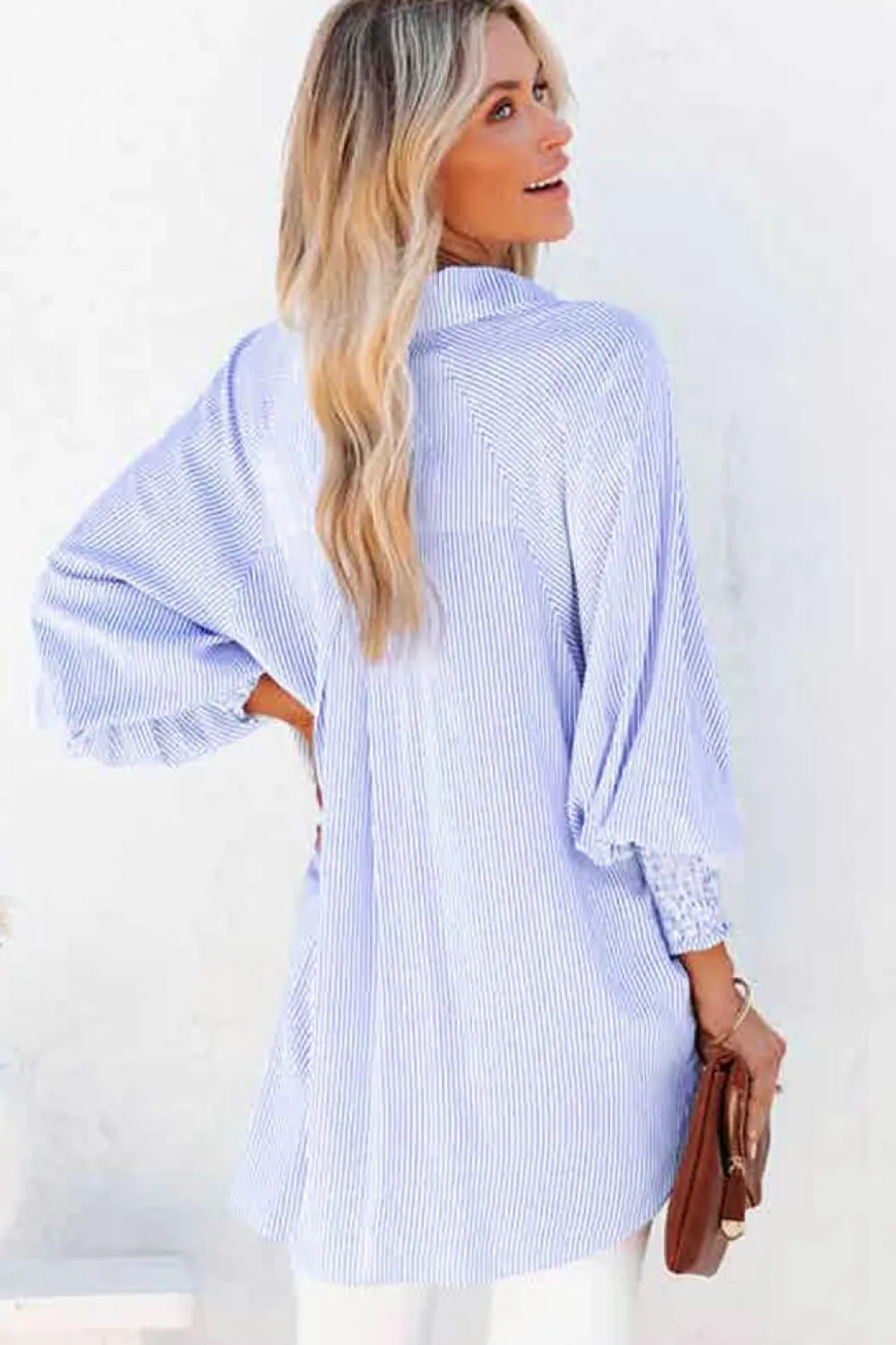 Best Dear-Lover Smocked Cuffed Striped Boyfriend Shirt with Pocket Sky Blue