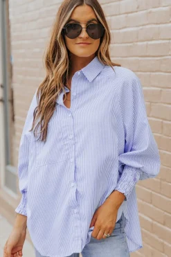 Best Dear-Lover Smocked Cuffed Striped Boyfriend Shirt with Pocket Sky Blue