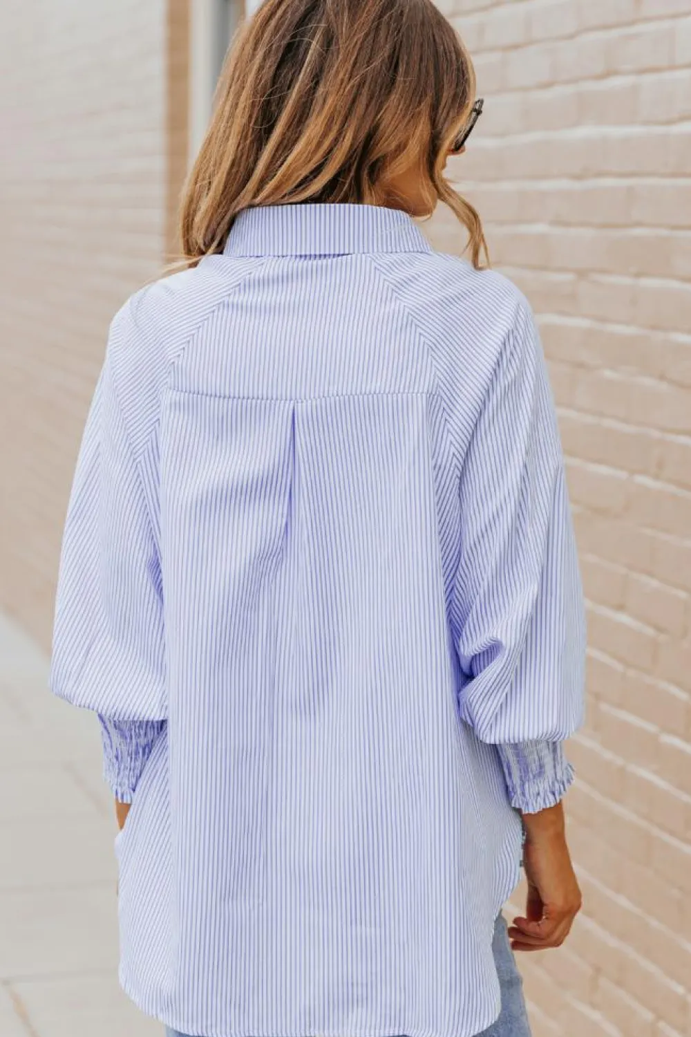 Best Dear-Lover Smocked Cuffed Striped Boyfriend Shirt with Pocket Sky Blue