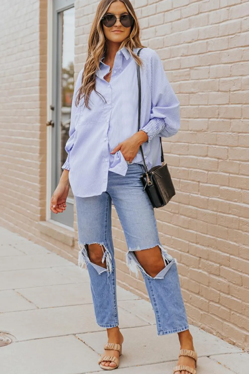 Best Dear-Lover Smocked Cuffed Striped Boyfriend Shirt with Pocket Sky Blue