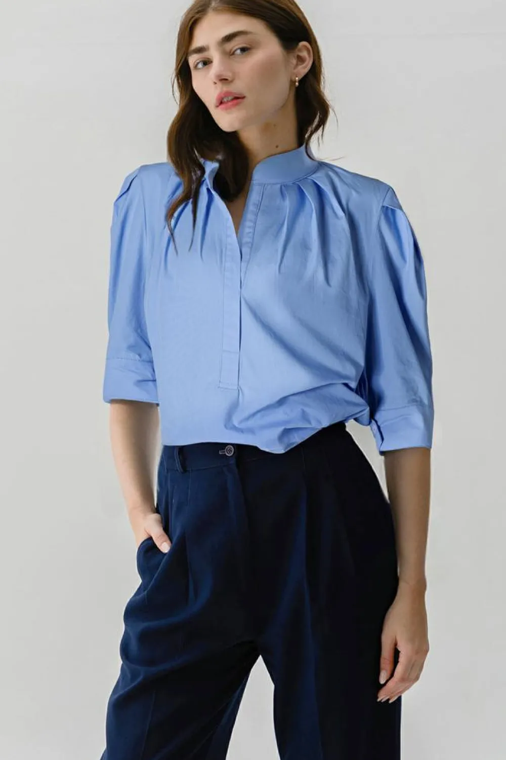 Clearance Dear-Lover Solid 3/4 Sleeve Buttoned Stand Neck Shirt Sky Blue