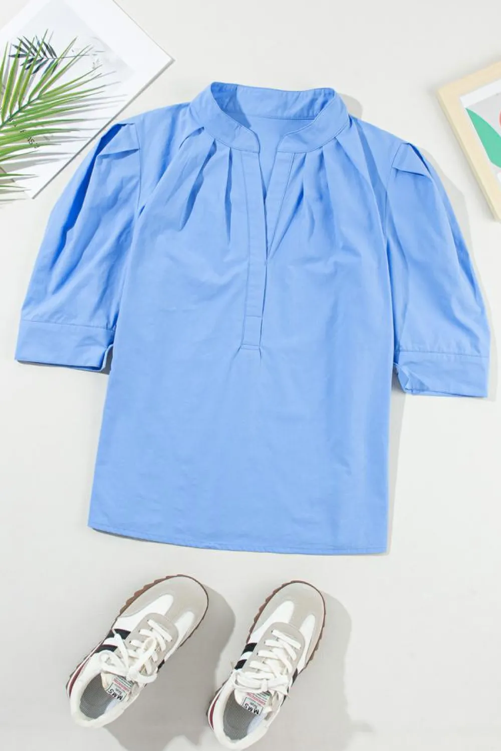 Clearance Dear-Lover Solid 3/4 Sleeve Buttoned Stand Neck Shirt Sky Blue