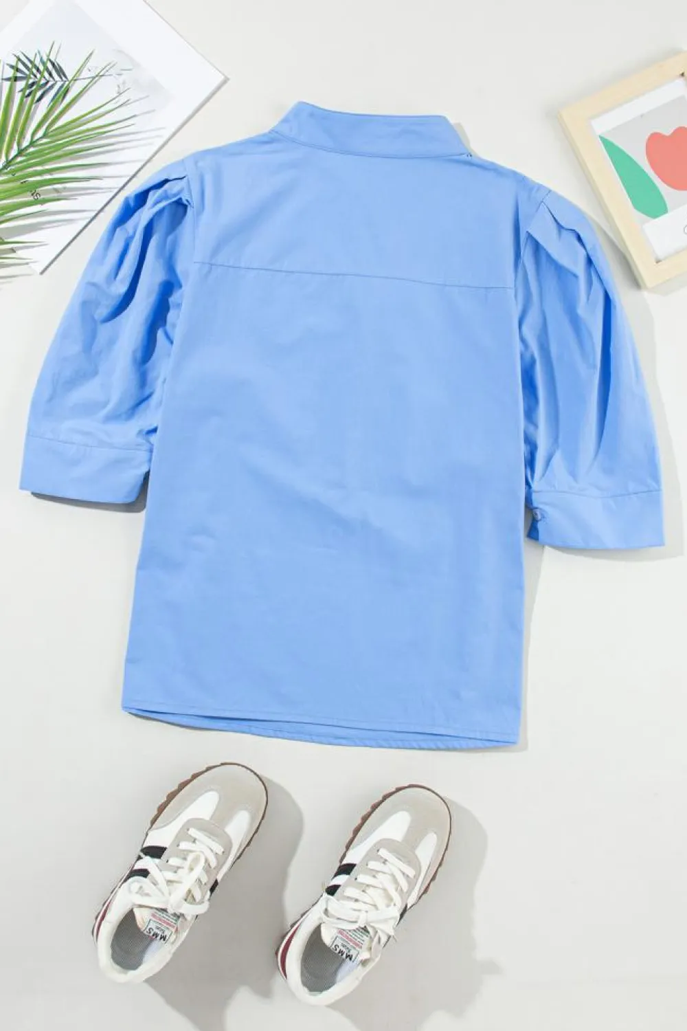 Clearance Dear-Lover Solid 3/4 Sleeve Buttoned Stand Neck Shirt Sky Blue