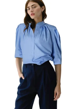 Clearance Dear-Lover Solid 3/4 Sleeve Buttoned Stand Neck Shirt Sky Blue