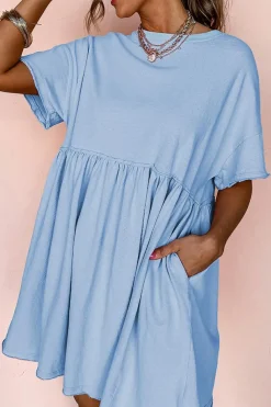 Clearance Dear-Lover Solid Color Pocketed Raw Edge Babydoll Dress Sky Blue