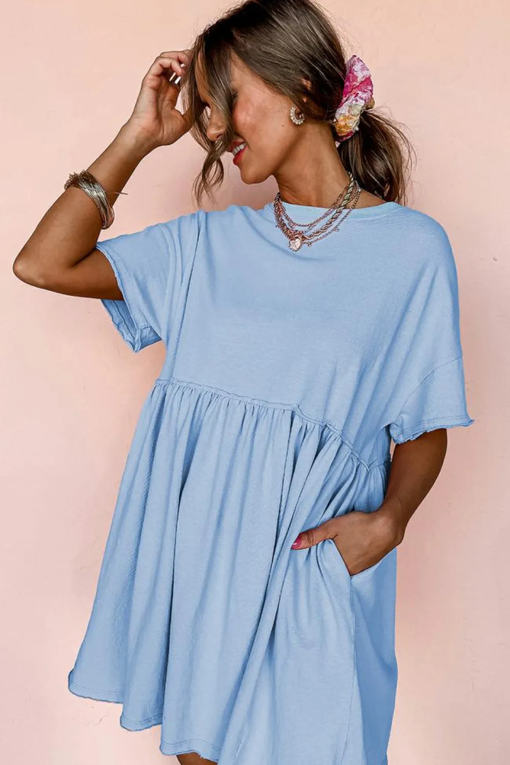 Clearance Dear-Lover Solid Color Pocketed Raw Edge Babydoll Dress Sky Blue