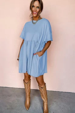 Clearance Dear-Lover Solid Color Pocketed Raw Edge Babydoll Dress Sky Blue