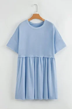 Clearance Dear-Lover Solid Color Pocketed Raw Edge Babydoll Dress Sky Blue