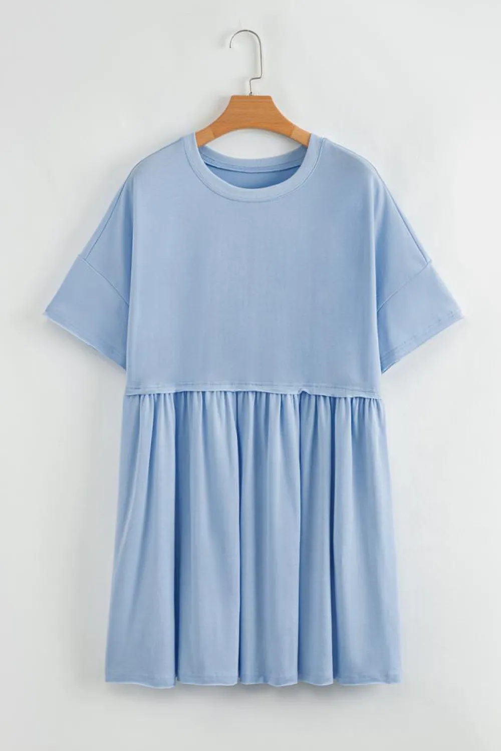 Clearance Dear-Lover Solid Color Pocketed Raw Edge Babydoll Dress Sky Blue