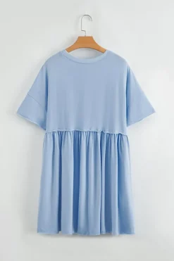 Clearance Dear-Lover Solid Color Pocketed Raw Edge Babydoll Dress Sky Blue