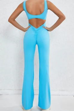 Discount Dear-Lover Solid Cut Out Backless Wide Leg Yoga Jumpsuit Sky Blue