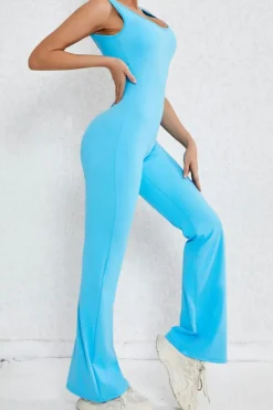 Discount Dear-Lover Solid Cut Out Backless Wide Leg Yoga Jumpsuit Sky Blue