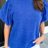 Fashion Dear-Lover Solid Textured Puff Sleeve Mock Neck Blouse Sky Blue