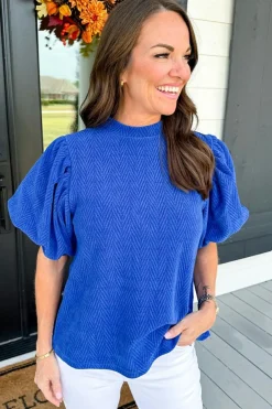 Fashion Dear-Lover Solid Textured Puff Sleeve Mock Neck Blouse Sky Blue