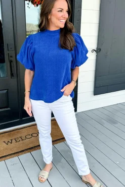 Fashion Dear-Lover Solid Textured Puff Sleeve Mock Neck Blouse Sky Blue