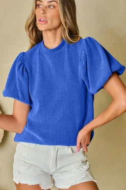 Fashion Dear-Lover Solid Textured Puff Sleeve Mock Neck Blouse Sky Blue