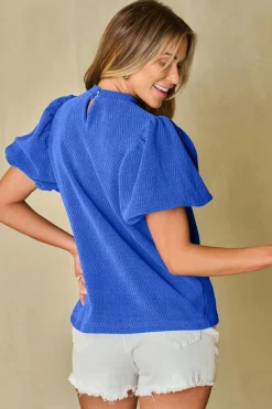 Fashion Dear-Lover Solid Textured Puff Sleeve Mock Neck Blouse Sky Blue