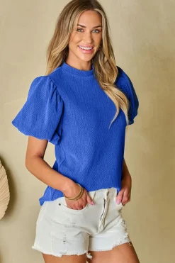 Fashion Dear-Lover Solid Textured Puff Sleeve Mock Neck Blouse Sky Blue