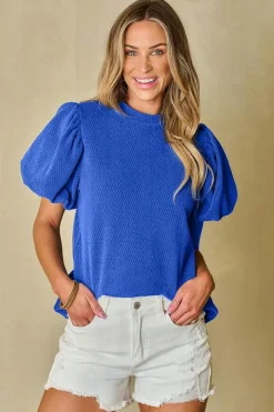 Fashion Dear-Lover Solid Textured Puff Sleeve Mock Neck Blouse Sky Blue