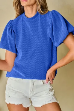 Fashion Dear-Lover Solid Textured Puff Sleeve Mock Neck Blouse Sky Blue