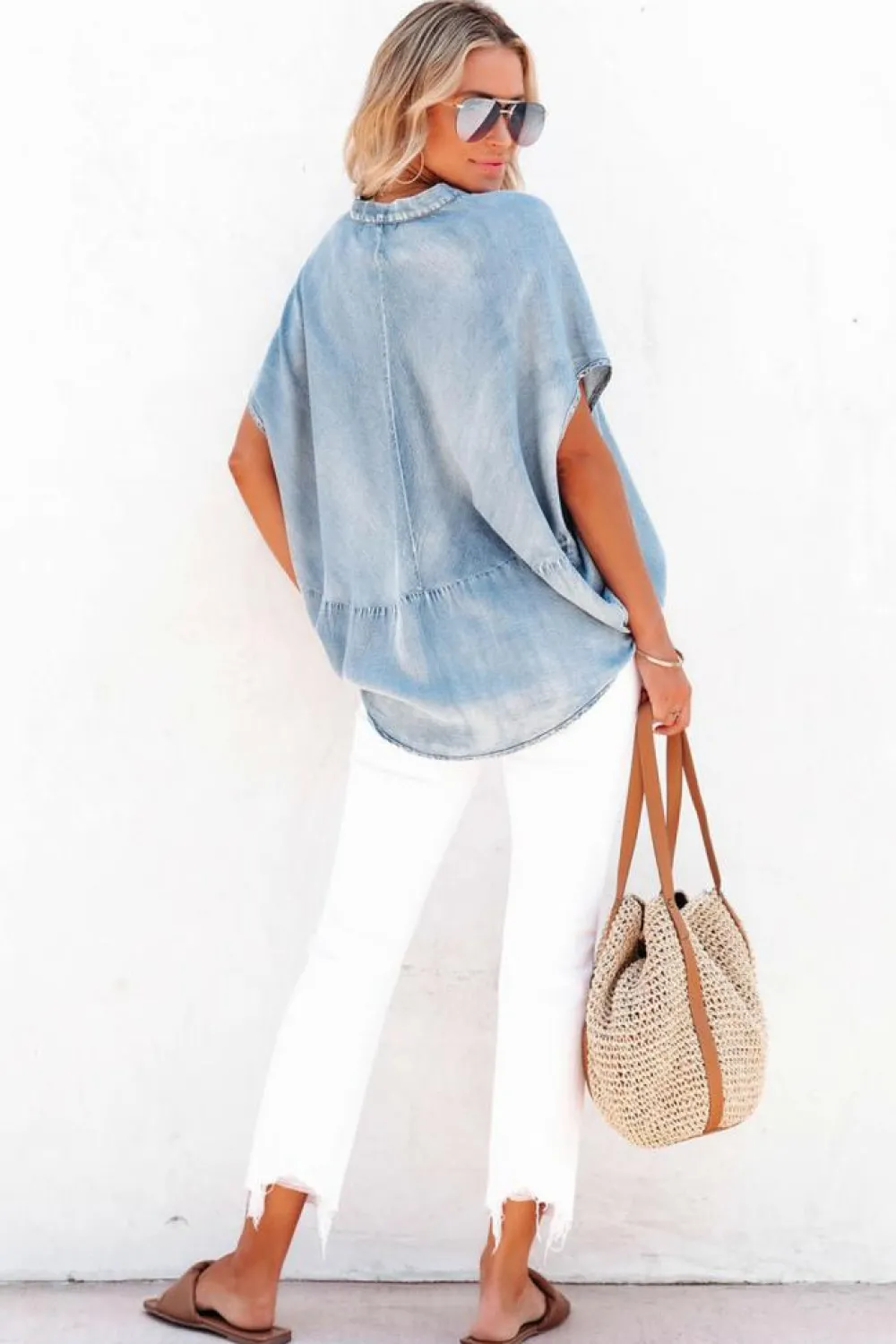 Discount Dear-Lover Split V Neck Oversized Denim Blouse Sky Blue
