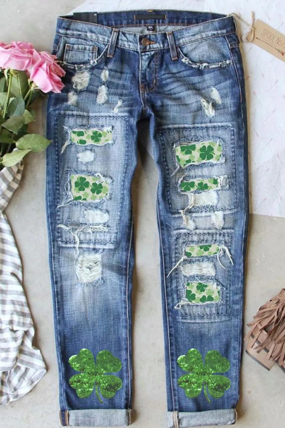 Fashion Dear-Lover St. Patricks Clover Patchwork Sequin Distressed Jeans Sky Blue