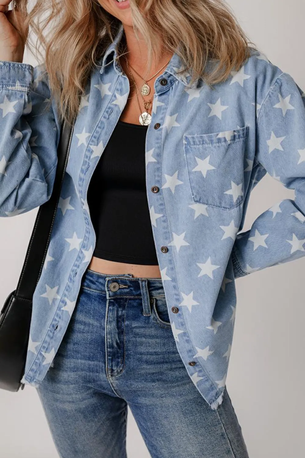 Online Dear-Lover Star Print Light Wash Raw Hem Denim Jacket Sky Blue