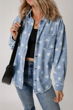 Online Dear-Lover Star Print Light Wash Raw Hem Denim Jacket Sky Blue