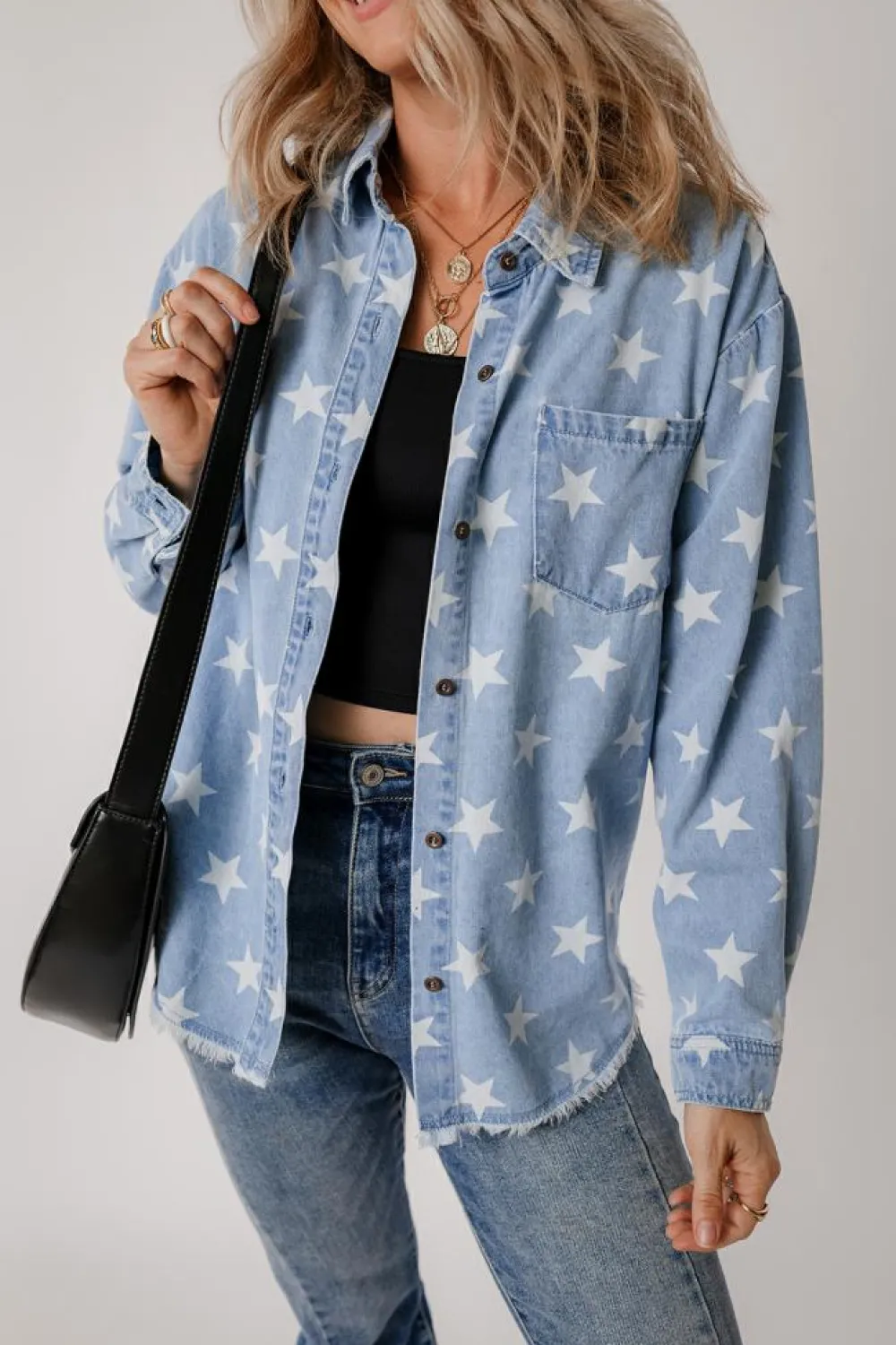 Online Dear-Lover Star Print Light Wash Raw Hem Denim Jacket Sky Blue