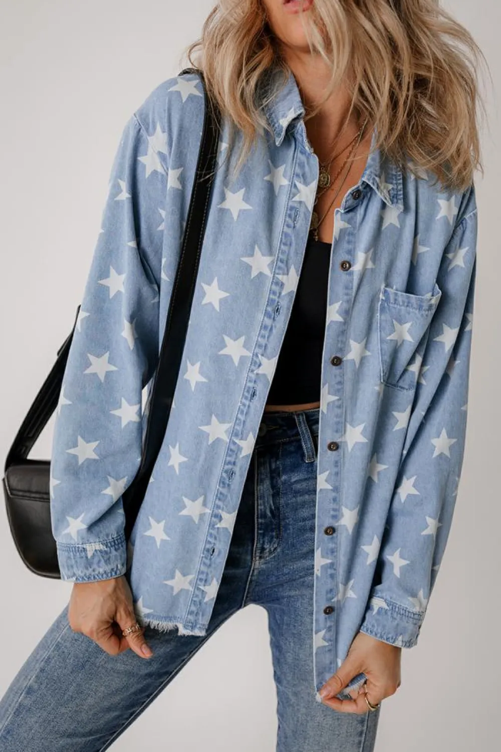 Online Dear-Lover Star Print Light Wash Raw Hem Denim Jacket Sky Blue
