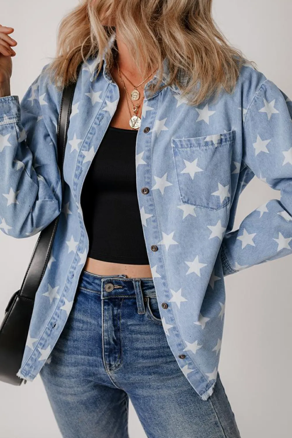 Online Dear-Lover Star Print Light Wash Raw Hem Denim Jacket Sky Blue