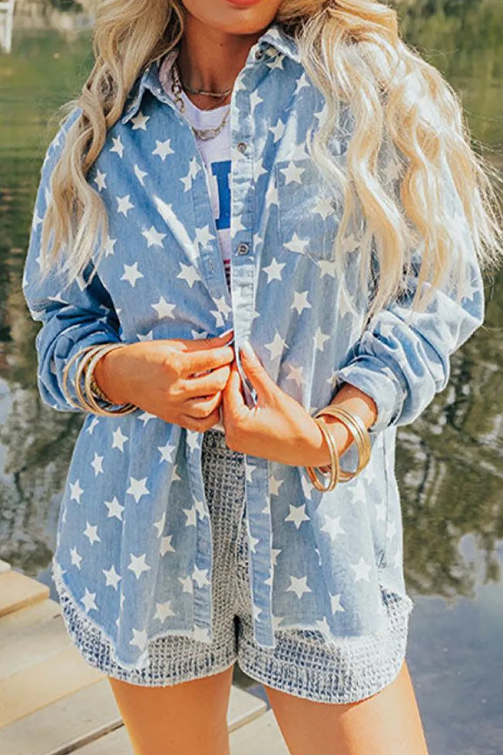 Online Dear-Lover Star Print Light Wash Raw Hem Denim Jacket Sky Blue
