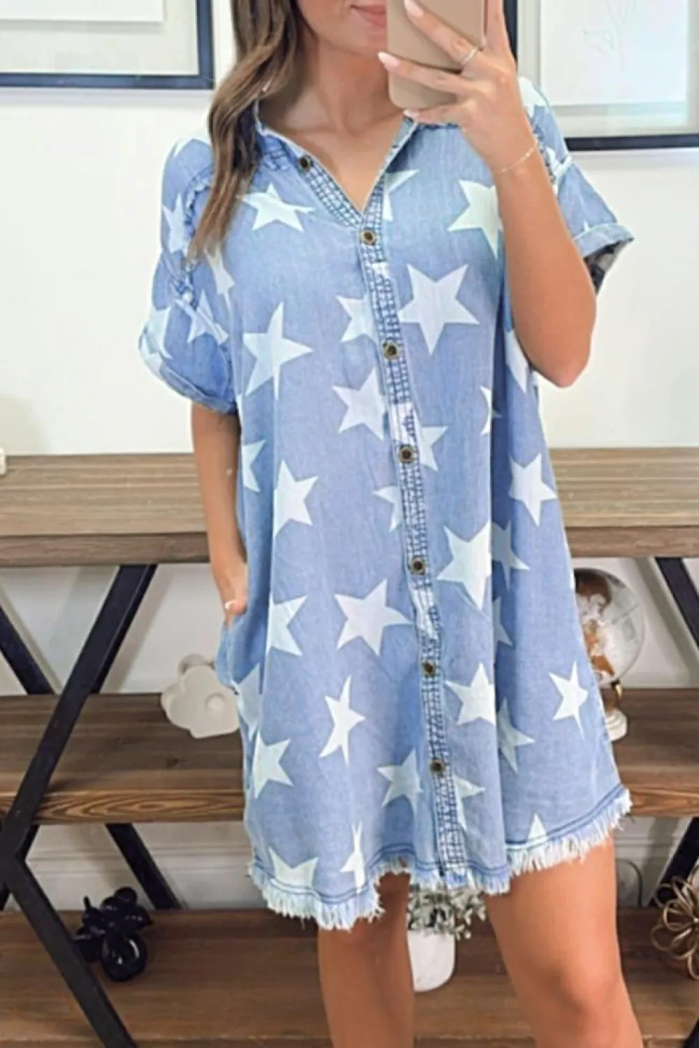 Clearance Dear-Lover Stars Frayed Hem Collared Short Sleeve Denim Dress Sky Blue
