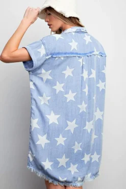 Clearance Dear-Lover Stars Frayed Hem Collared Short Sleeve Denim Dress Sky Blue
