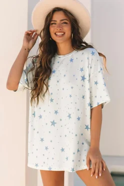 Best Dear-Lover Stars Print Drop Shoulder Oversized T Shirt with Slits Sky Blue